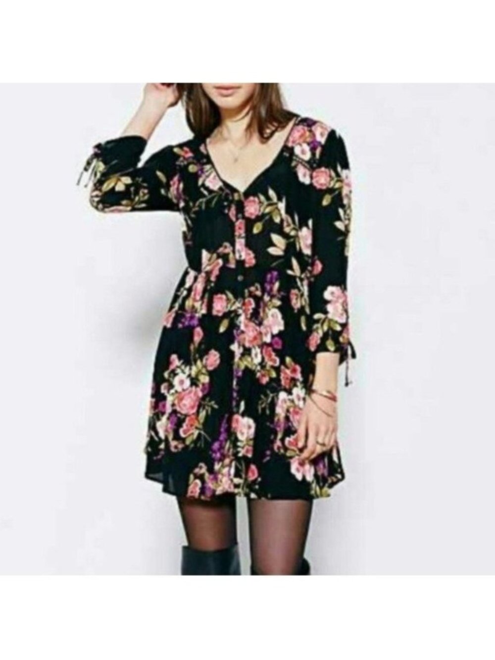 Urban Outfitters Ecote Womens dress sz S Lizzie Black Floral Mini Dress cottage